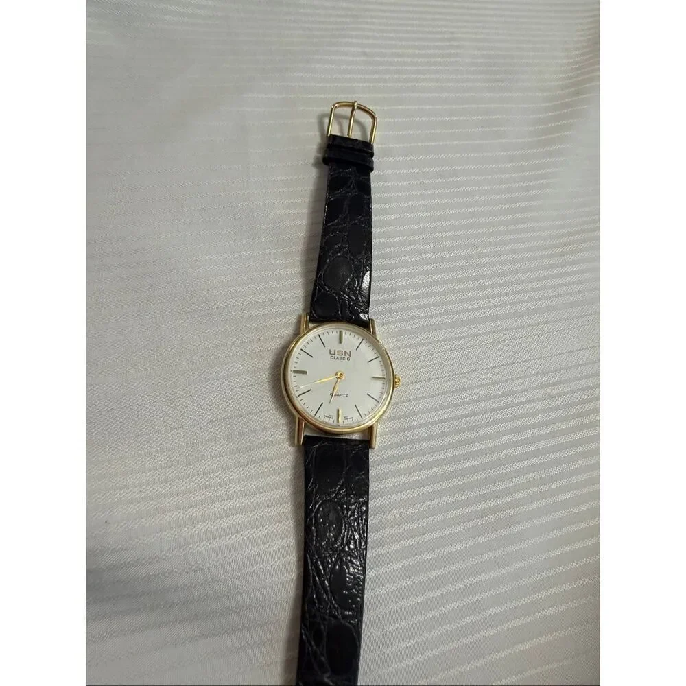VTG USN Classic Swiss Quartz Watch Men Gold Tone White Leather Analog Needs Batt